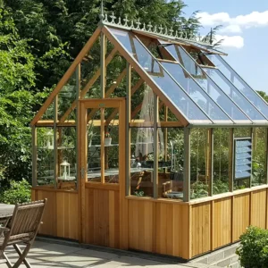 Beautiful sunny backyard with a Alton Cheltenham Greenhouse and some seating and umbrella to the side