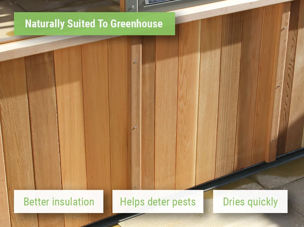 Feature image with a close-up of the half-boarded part of the Alton Cheltenham Greenhouse calling out the natural benefits of Western Red Cedar