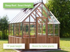 Feature image of Alton Cheltenham Greenhouse with steep roof and callouts for the 10 ft peak and snow shedding capabilities