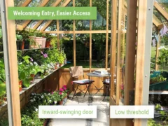 Feature image with the interior of the Alton Cheltenham Greenhouse and callouts for inward swinging tall door for easier entry