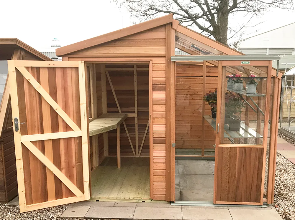 Front of the Alton Fusion Greenhouse Shed with the doors open
