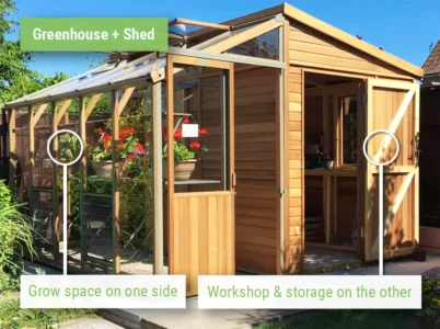 Feature image calling out the benefits of having a greenhouse shed combo structure as it is for the Alton Fusion Greenhouse Shed