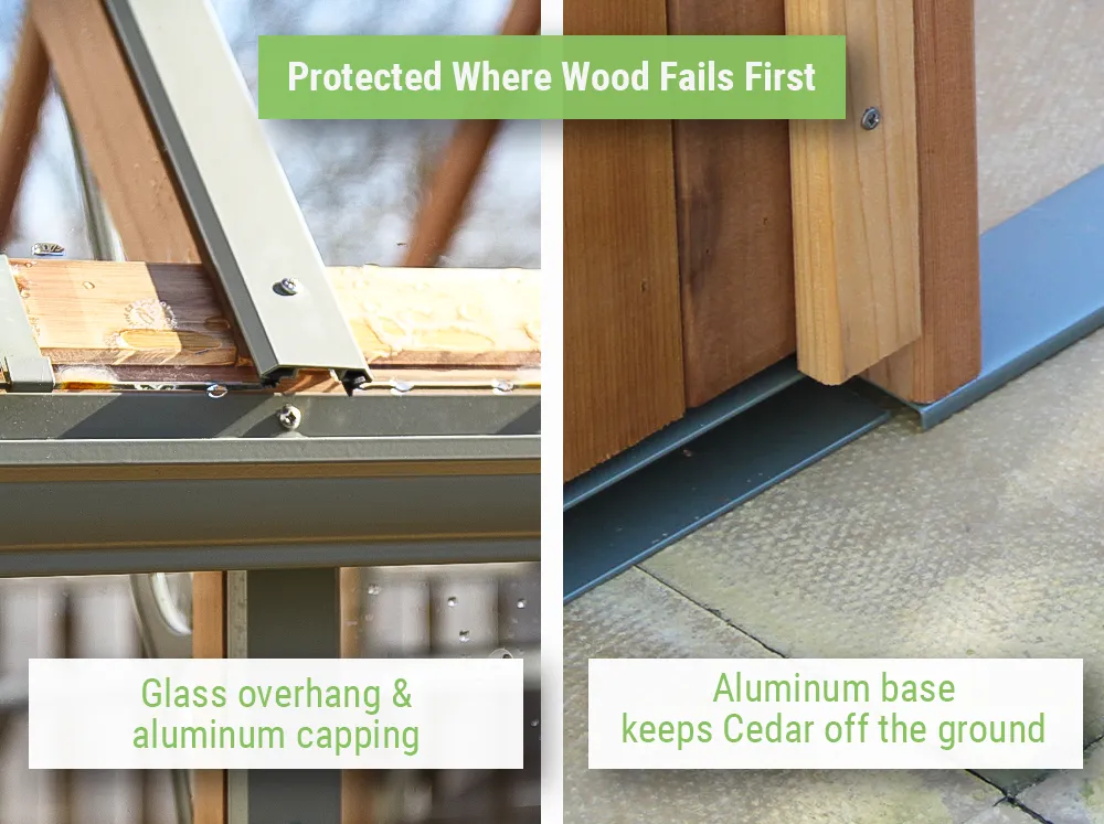 Roof detail with overhanging glass panels and aluminum capping on the left and the aluminum base frame on the right with text overlays pointing out these features