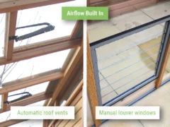 Roof vents and a louver vent side-by-side showing the ventilation in the Alton Fusion Greenhouse Shed
