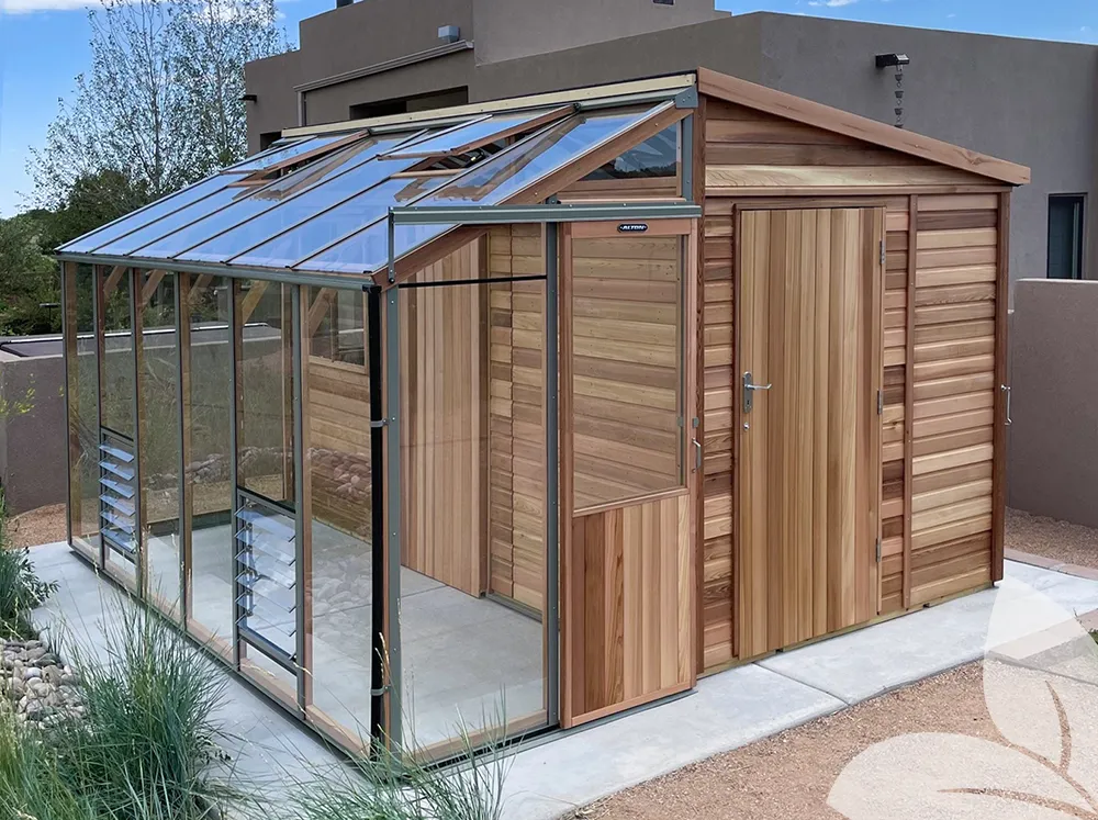 Empty Alton Fusion Greenhouse Shed with a door on each side as well as an interior door