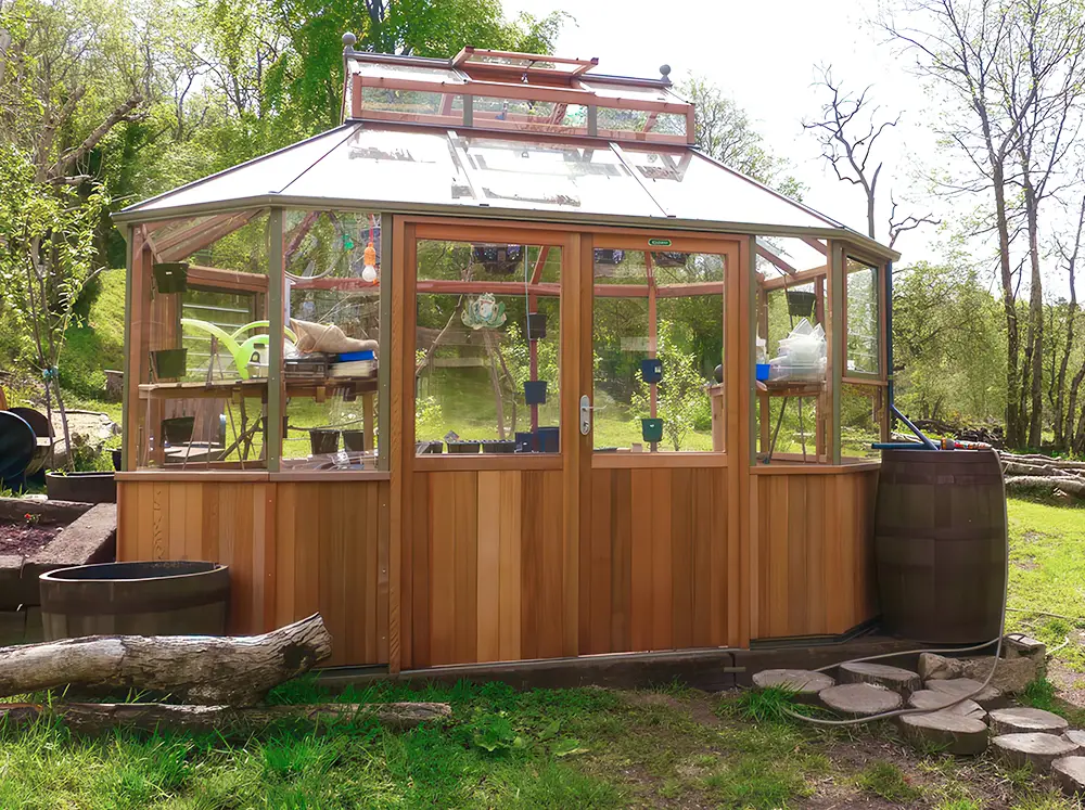 Front of the Alton Octagonal Greenhouse with the doors closed