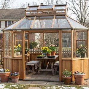 Front of the Alton Octagonal Greenhouse with a table and benches inside and some snow outside