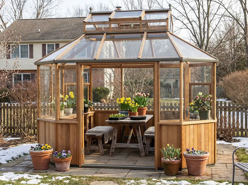 Front of the Alton Octagonal Greenhouse with a table and benches inside and some snow outside