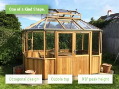 Feature image of the Alton Octagonal Greenhouse showcasing the unique octagonal shape, cupola and tall height