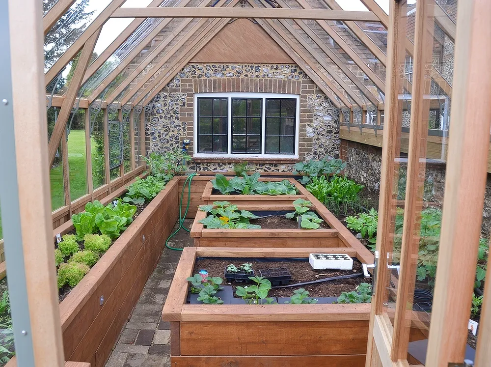 Interior of a Alton Westminster Greenhouse installed against a wall