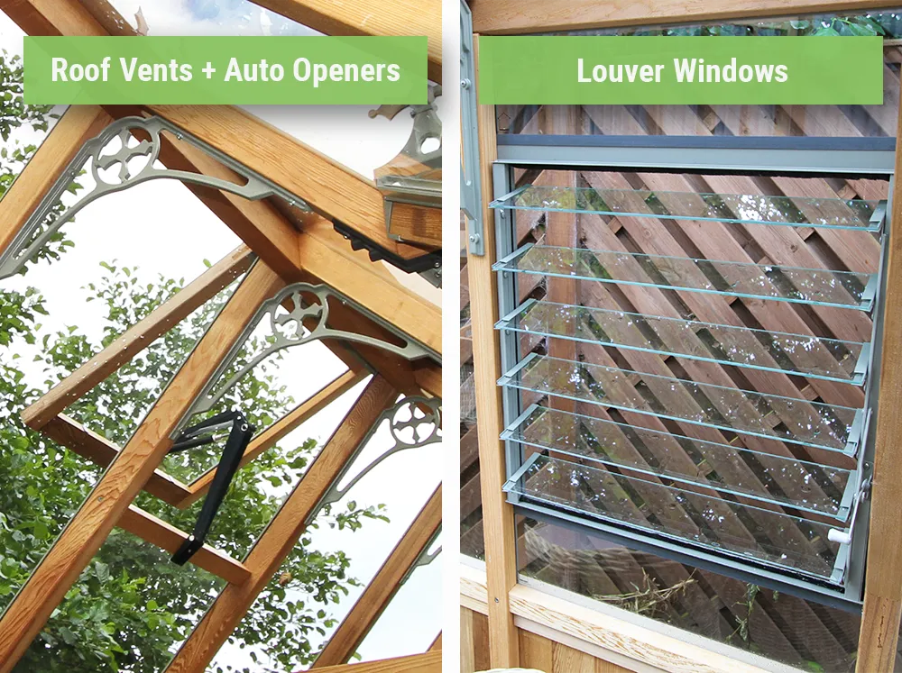 Side-by-side of the roof vent with auto openers and the louver window of the Alton Westminster Greenhouse