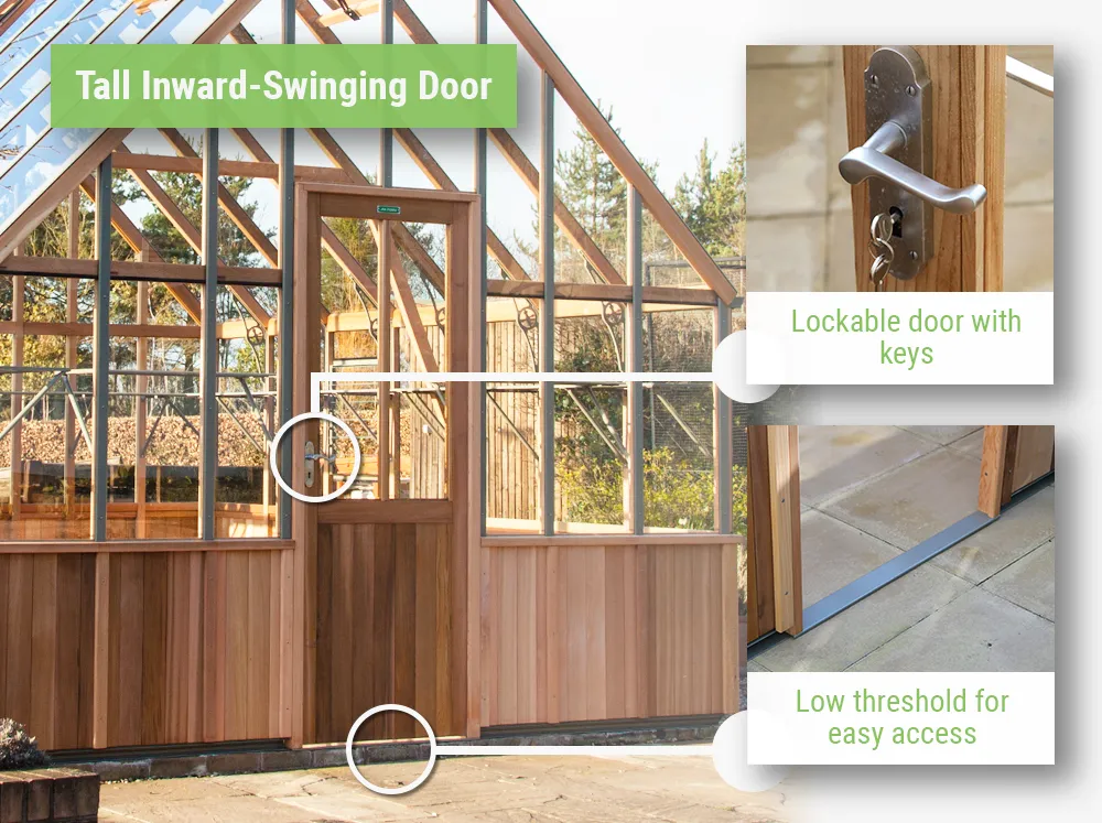 Feature image of the front of Alton Westminster Greenhouse showcasing the features of the door (inward-swinging, handle with keys, low threshold)