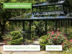 Feature image of the Janssens Cathedral Glass Greenhouse showcasing the large double door and single sliding door