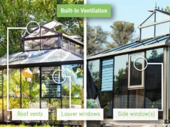 Feature image of the Janssens Cathedral Glass Greenhouse showcasing the different windows that come with the kit - roof vents, louver windows, and side windows