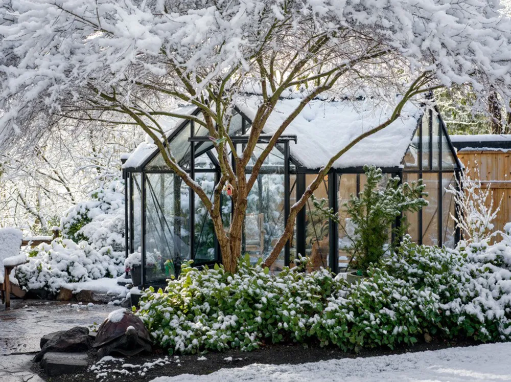 Winter shot of the Janssens Junior Victorian Orangerie with snow