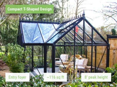 Side view of the Janssens Junior Victorian Orangerie showcasing the T-shaped design
