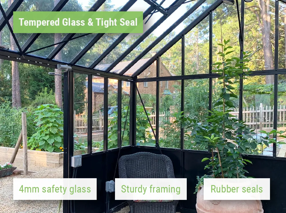 Interior shot of the Janssens Retro Victorian Greenhouse with narrow tempered glass panels
