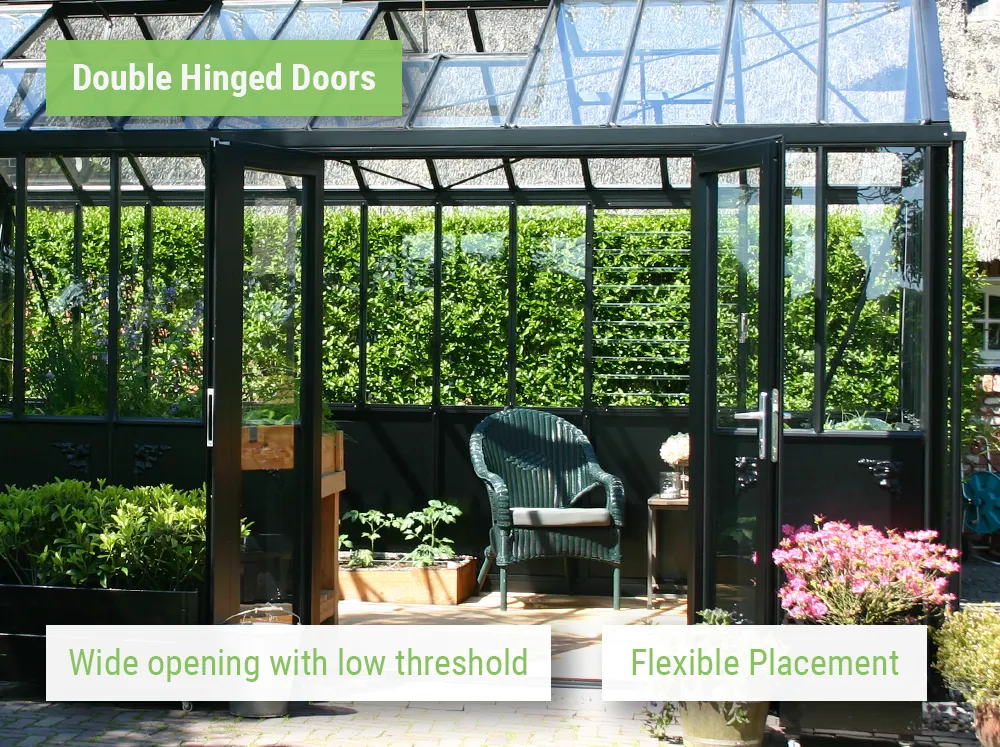 Feature image of double door included in the Janssens Retro Victorian Greenhouse showcasing wide opening with low threshold and flexible placement