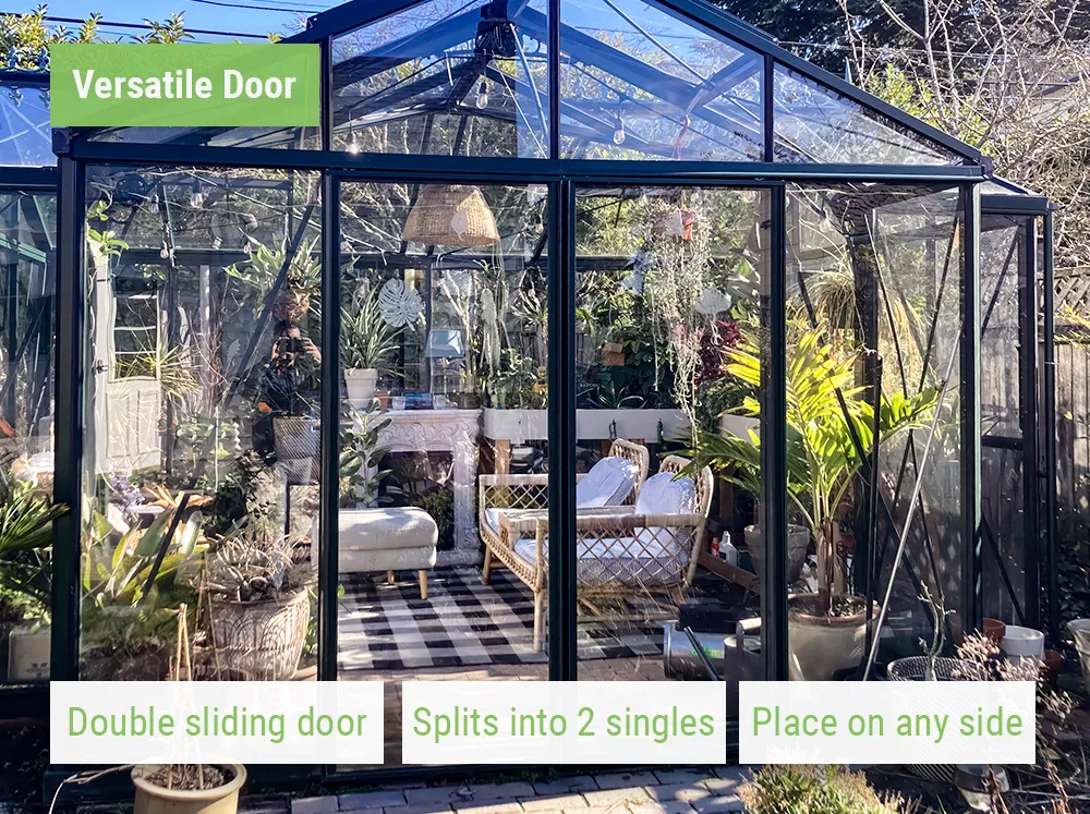 Feature image of the Janssens Royal Victorian Orangerie showcasing the sliding double door that can be split into two single sliding doors