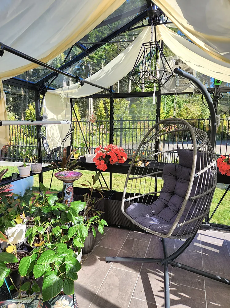 Interior shot of a Janssens Royal Victorian Orangerie with a chair, shelves, plants, grow light and shade curtains