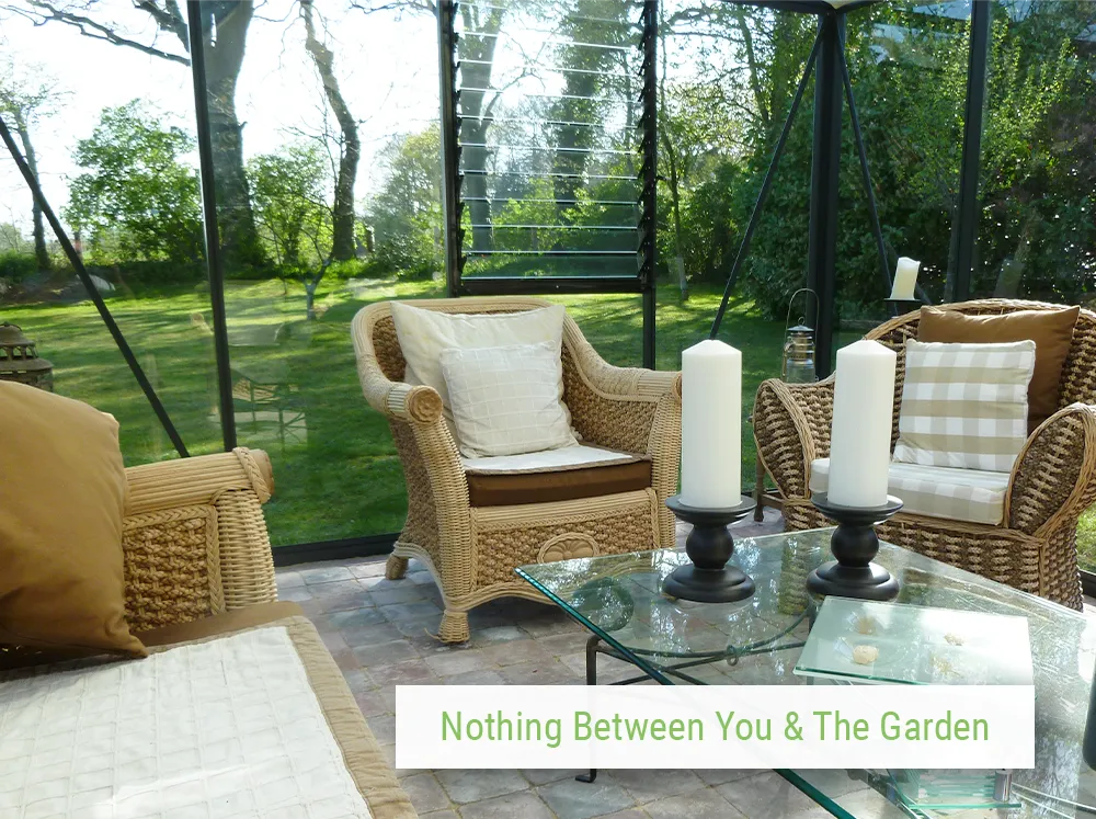 Interior shot of the Janssens Royal Victorian Orangerie showing the uninterrupted views of the garden when inside the Janssens Royal Victorian Orangerie