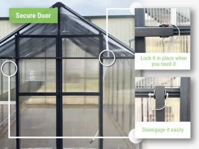 Feature image showing the door locking mechanism on the MONT Greenhouse