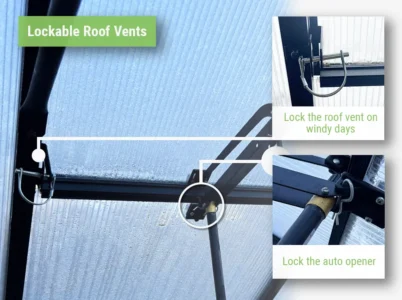 Feature image showing the roof vent locking mechanism on the MONT Greenhouse
