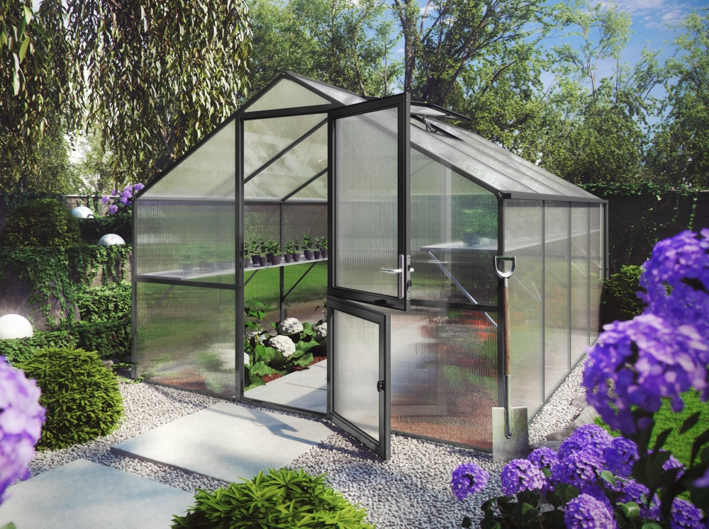 Greenhouse set up on a gravel pad