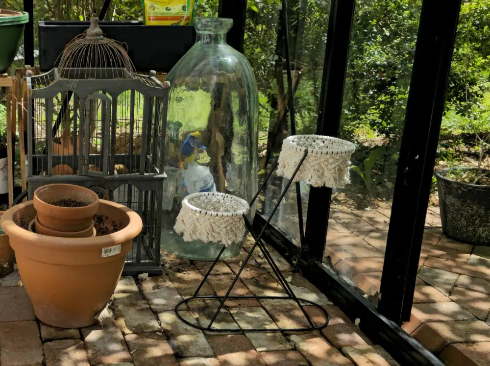 Close up of brick flooring and foundation inside of a greenhouse with jars and pots. 