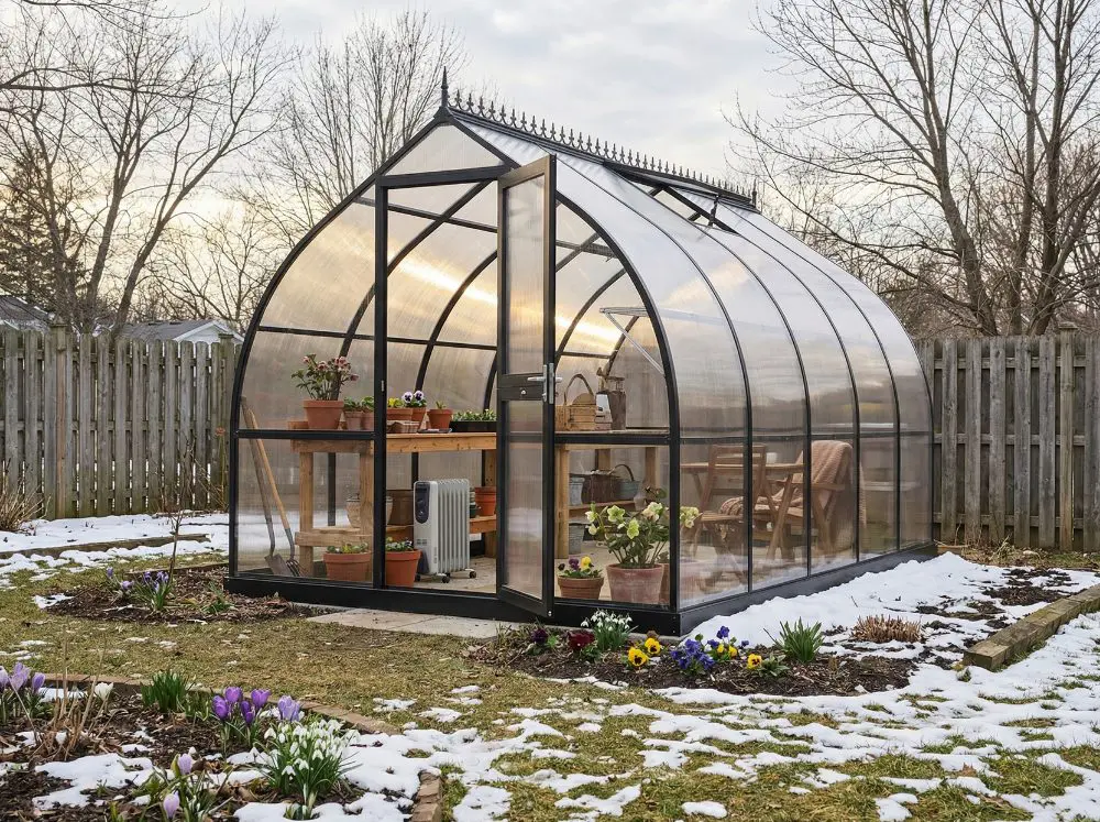Exterior of a polycarbonate Riga greenhouse in a back yard surrounded by light snow.