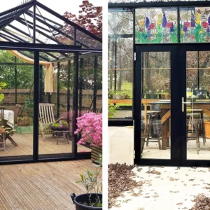 Two Door Options for Janssens Greenhouses - sliding door on the left and hinged door on the right