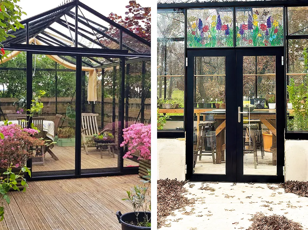 Two Door Options for Janssens Greenhouses - sliding door on the left and hinged door on the right