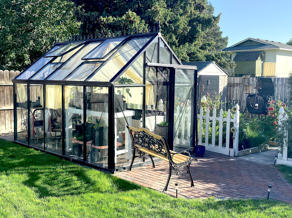 Janssens glass victorian greenhouse set up in a back yard with a bench next to a fenced in garden