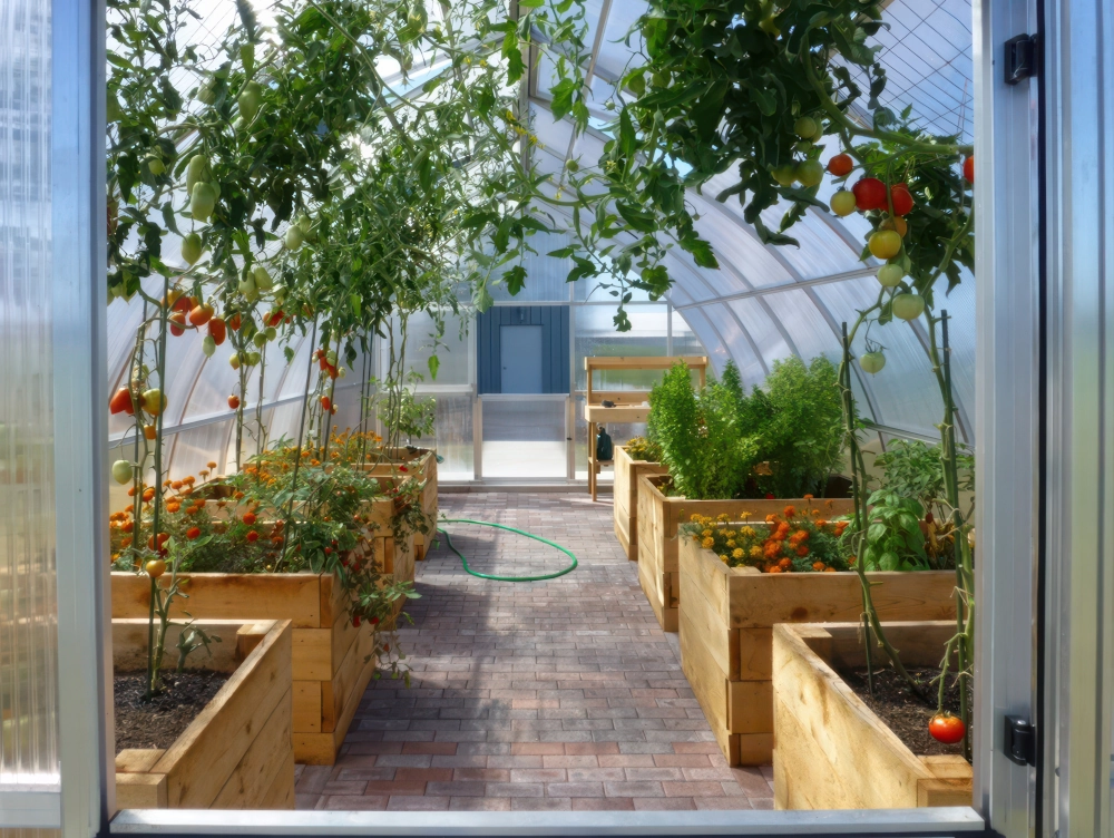 Interior of Riga XL greenhouse filled with raised beds with huge tomato plants growing from them.