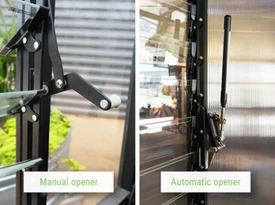 Manual and automatic opener on a Janssens Louver Window side-by-side