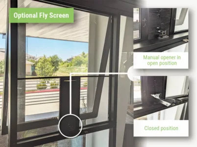 Feature image showing the optional fly screen on the Janssens Push-Out Side Window with detail views of the opener positions
