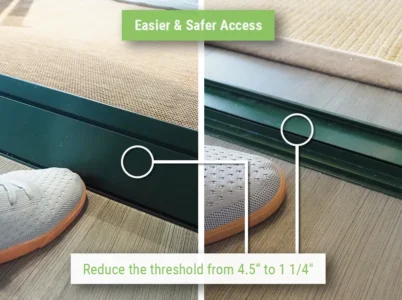 Feature image showing the difference of the threshold between standard and with the Low Threshold Kit For Janssens Sliding Doors