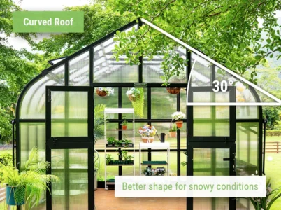 Front of the Vego Pacific Greenhouse showing the curved roof and roof pitch for better snow shedding