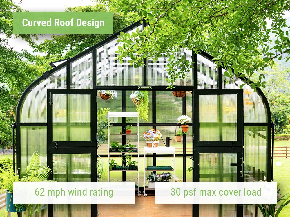 Feature image mentioning the curved roof design of the Vego Pacific Greenhouse and its wind and snow rating
