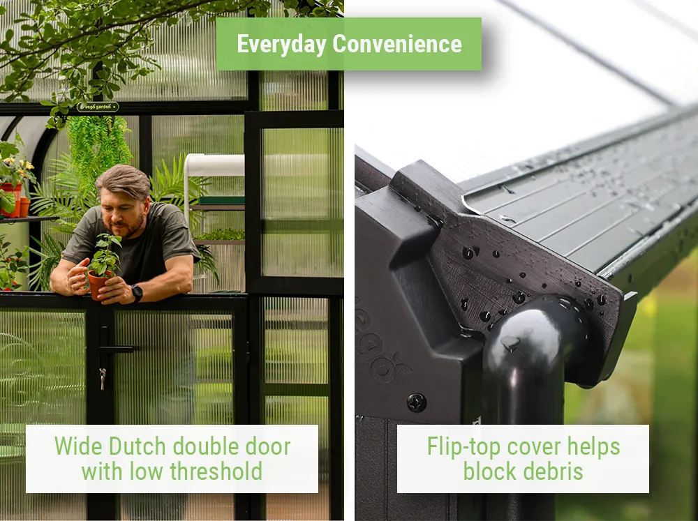 Dutch door and flip-top gutter side-by-side to show everyday convenience features of the Vego Pacific Greenhouse