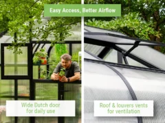 Feature image showing the Dutch door and a roof vent of the Vego Pacific Greenhouse