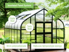 Feature image of Vego Pacific Greenhouse pointing out the glazing types and their benefits