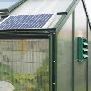 Exaco Solar-Powered Greenhouse Exhaust Kit installed on a greenhouse