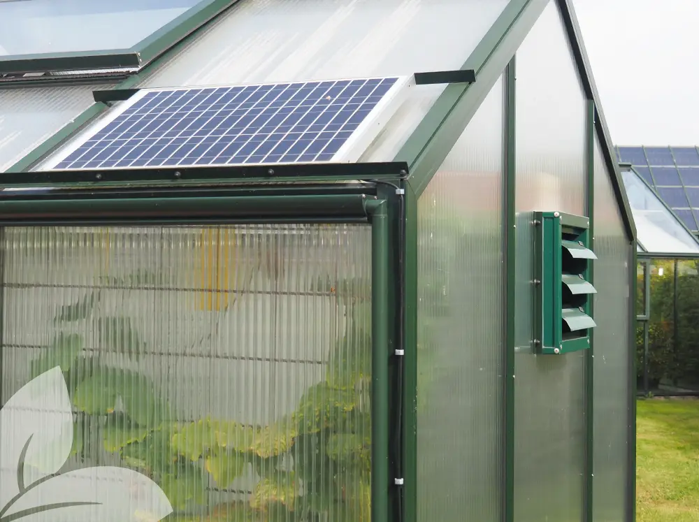 Exaco Solar-Powered Greenhouse Exhaust Kit installed on a greenhouse