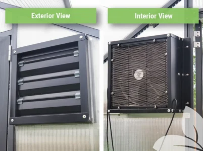 Exterior and interior view of the Exaco Solar-Powered Greenhouse Exhaust Kit