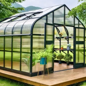 Front side view of the Vego Grand Pacific Greenhouse on a wooden platform