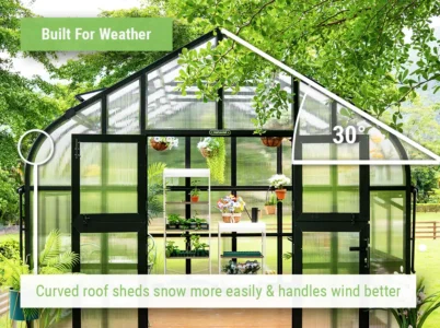 Feature image of the Vego Grand Pacific Greenhouse with callouts for the roof pitch (30°) and the curved design for better snow shedding