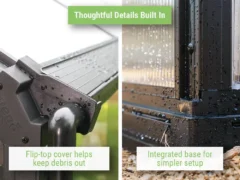 Feature image showing the flip-top gutter system and the integrated base of the Vego Grand Pacific Greenhouse
