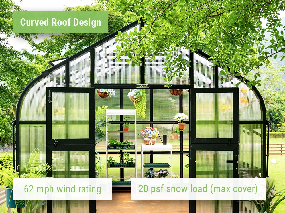 Feature image of the Vego Grand Pacific Greenhouse showing the curved roof design and wind and snow rating