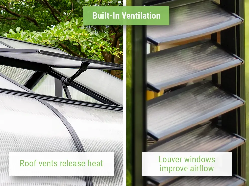 Roof vent and louver vent side-by-side as features of the Vego Grand Pacific Greenhouse